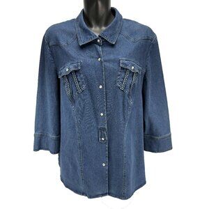 CHRISTINE LAURE Western Denim Snap Front 3/4 Sleeve Braided Trim Blue Blouse XL